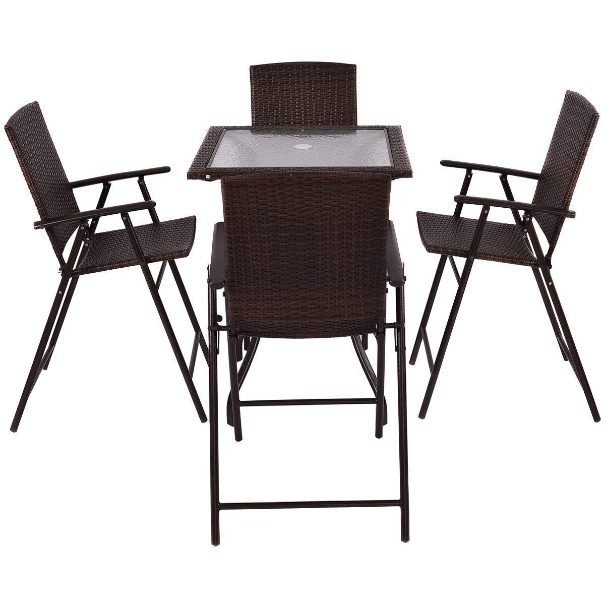 Ensemble de mobilier de jardin 5 pièces, table de bar carrée en verre et 4 chaises pliantes en osier